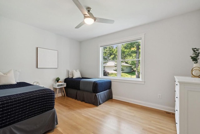 bedroom featuring ceiling fan and light wood-type flooring