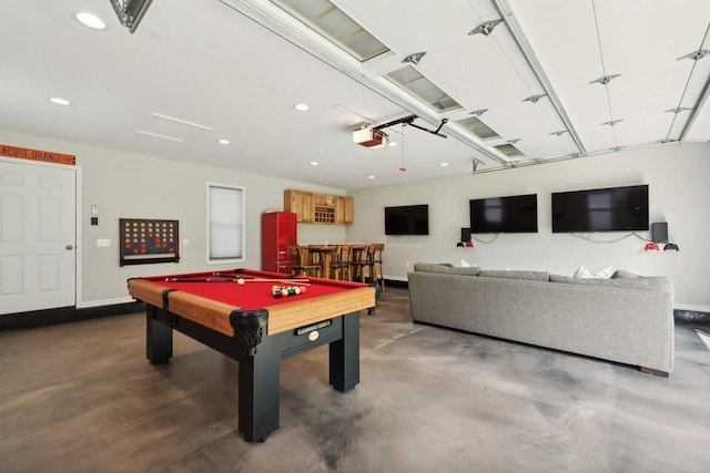 game room with indoor bar, pool table, and concrete floors