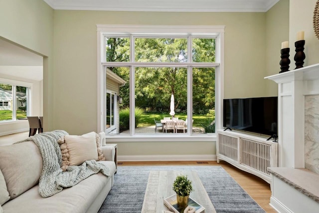 living room featuring crown molding and light hardwood / wood-style floors