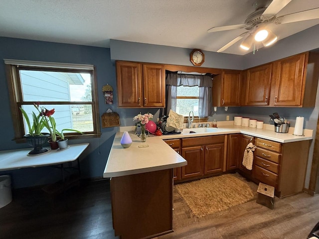 kitchen featuring sink, dark wood-type flooring, ceiling fan, a textured ceiling, and kitchen peninsula