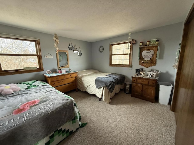 bedroom with a textured ceiling and carpet