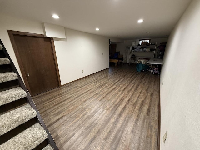 basement with wood-type flooring