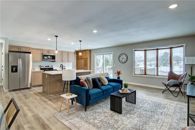 living room with sink and light hardwood / wood-style floors