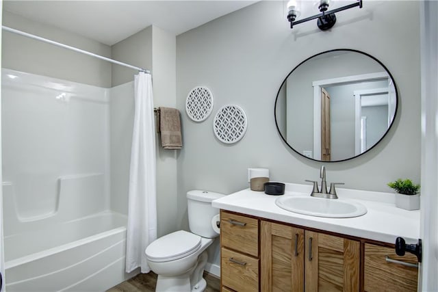 full bathroom with vanity, toilet, and shower / bathtub combination with curtain