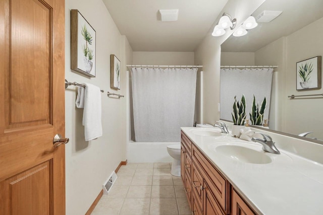 full bathroom with vanity, shower / tub combo, tile patterned floors, and toilet