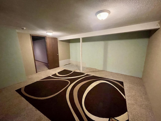 basement with light colored carpet and a textured ceiling