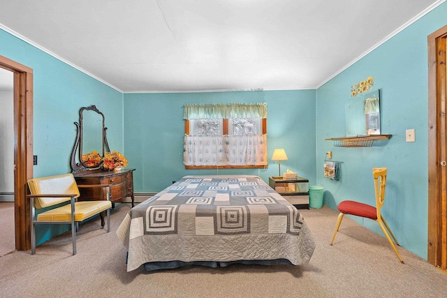 bedroom with ornamental molding, carpet flooring, and baseboard heating