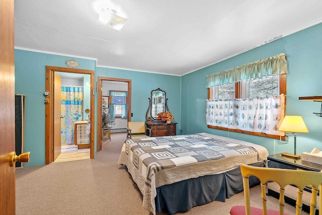 carpeted bedroom featuring crown molding and multiple windows