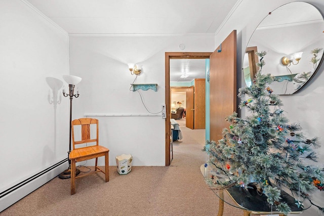 corridor with crown molding, a baseboard heating unit, and light carpet