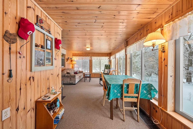 dining room with carpet, wooden ceiling, and wooden walls