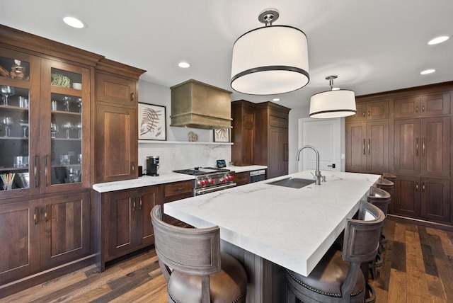 kitchen with pendant lighting, sink, high end stainless steel range oven, custom exhaust hood, and a kitchen island with sink