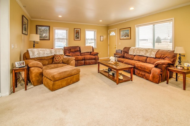 carpeted living room featuring ornamental molding