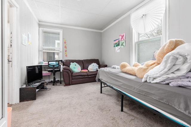 carpeted bedroom with multiple windows and ornamental molding