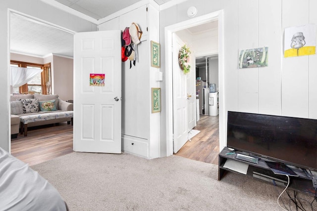 interior space with light colored carpet and ornamental molding