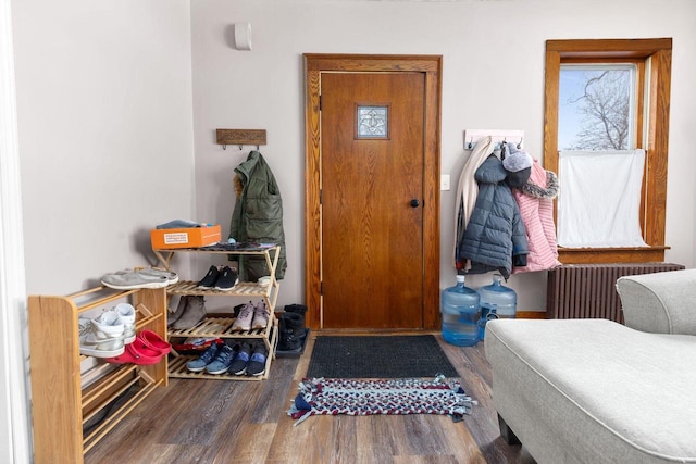 entryway with dark wood-type flooring and radiator heating unit