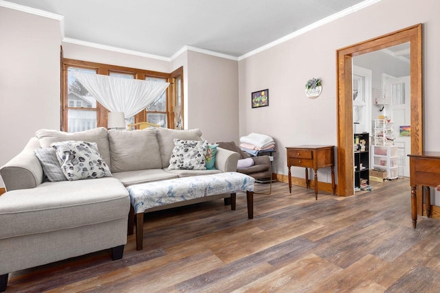 living room featuring hardwood / wood-style floors and crown molding