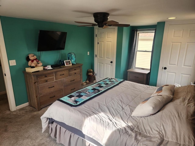 bedroom featuring carpet floors and ceiling fan