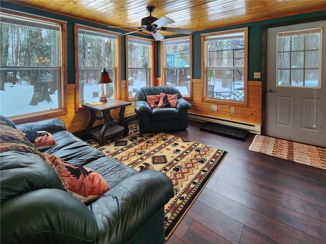 sunroom featuring a baseboard heating unit, a wealth of natural light, wooden ceiling, and ceiling fan