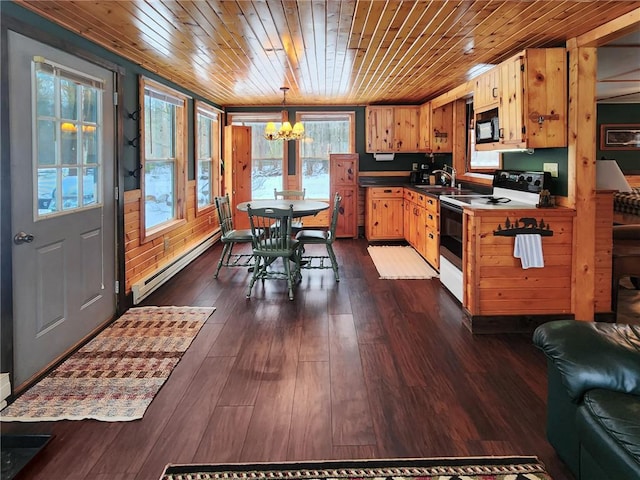 kitchen featuring pendant lighting, wood ceiling, dark hardwood / wood-style floors, a baseboard radiator, and white electric stove