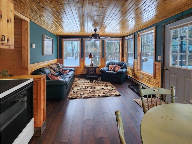 sunroom with wooden ceiling and ceiling fan