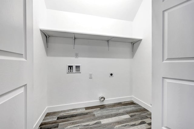 clothes washing area with washer hookup, dark wood-type flooring, and hookup for an electric dryer