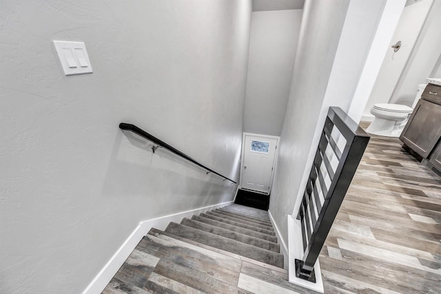 stairway with hardwood / wood-style floors