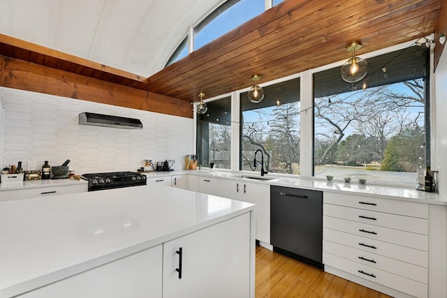 kitchen with sink, ventilation hood, light wood-type flooring, white cabinets, and black appliances