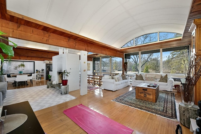 living room featuring lofted ceiling and light wood-type flooring