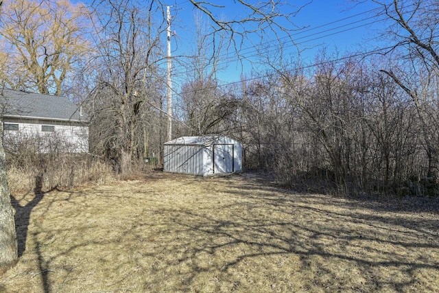 view of yard featuring a storage shed