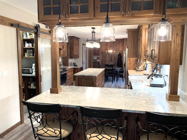 kitchen featuring decorative light fixtures, sink, stainless steel range with electric cooktop, kitchen peninsula, and a barn door
