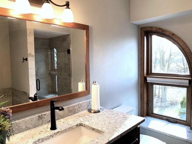 bathroom featuring a shower with door, vanity, and toilet