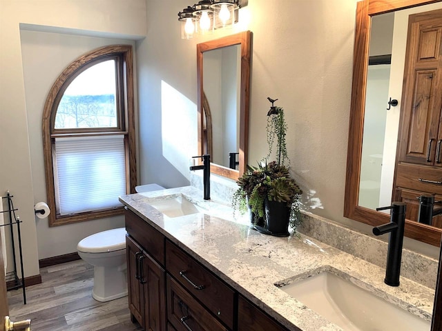 bathroom with vanity, hardwood / wood-style floors, and toilet