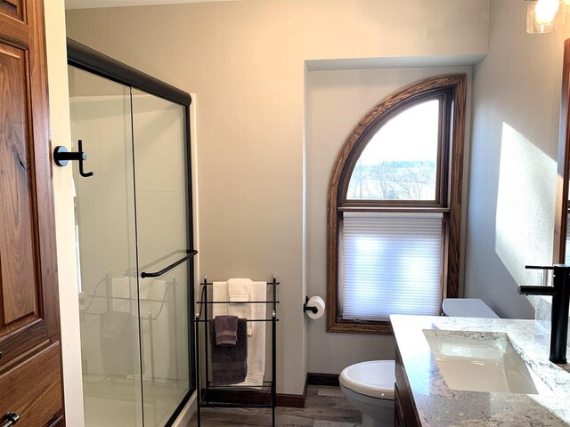 bathroom with an enclosed shower, vanity, hardwood / wood-style floors, and toilet