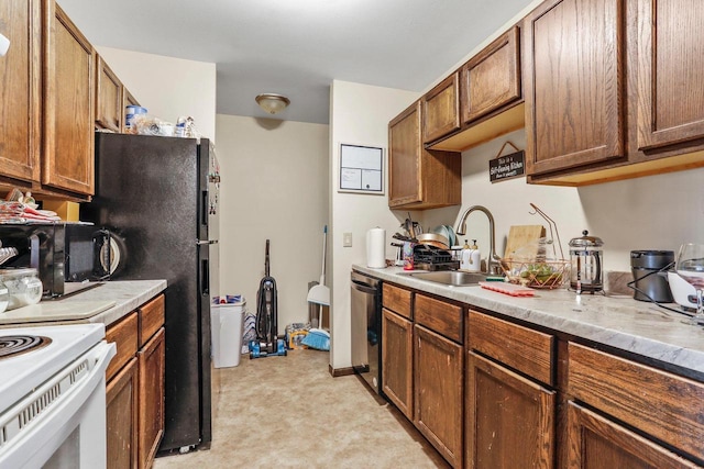 kitchen with white electric range, sink, stainless steel dishwasher, and black refrigerator