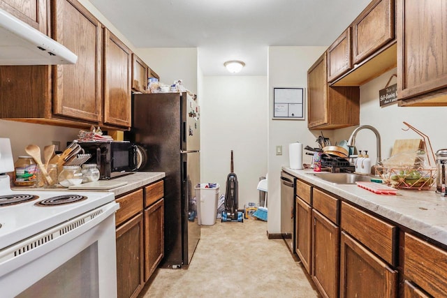 kitchen with black refrigerator, white electric stove, dishwasher, and sink