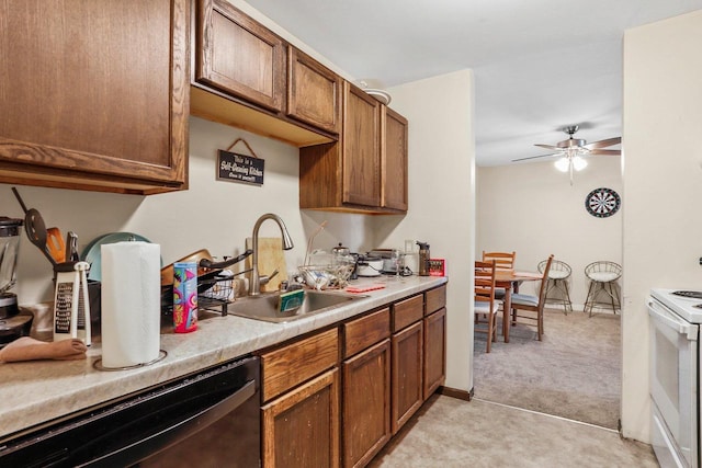 kitchen with dishwasher, sink, white electric range oven, light colored carpet, and ceiling fan