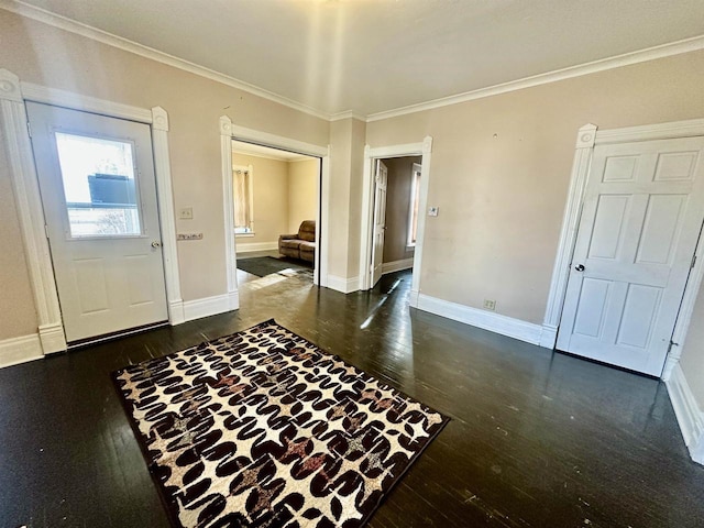 foyer entrance featuring crown molding and dark hardwood / wood-style flooring