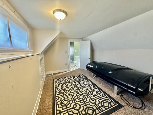 interior space with vaulted ceiling and carpet flooring