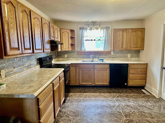 kitchen with sink, backsplash, black appliances, crown molding, and a textured ceiling