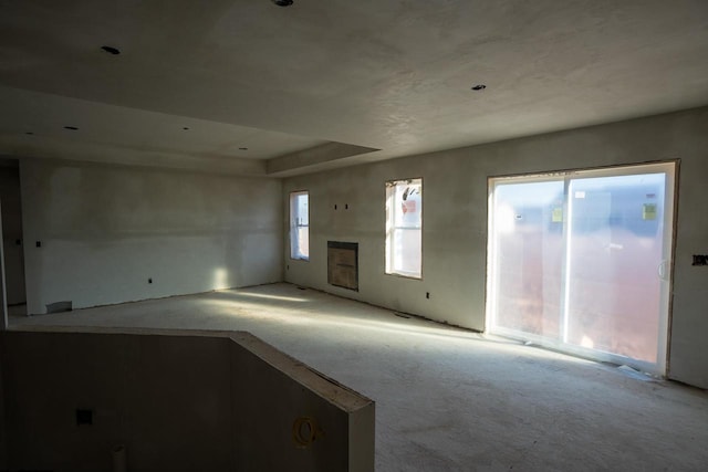 unfurnished living room with a raised ceiling