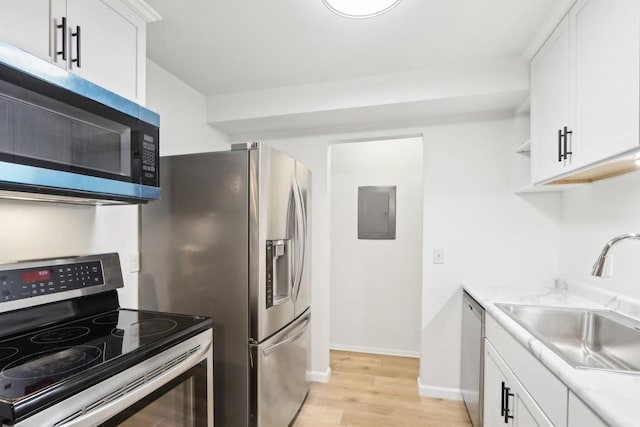 kitchen with appliances with stainless steel finishes, white cabinetry, sink, electric panel, and light wood-type flooring