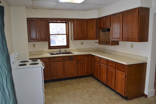 kitchen with sink, white electric range, and a paneled ceiling