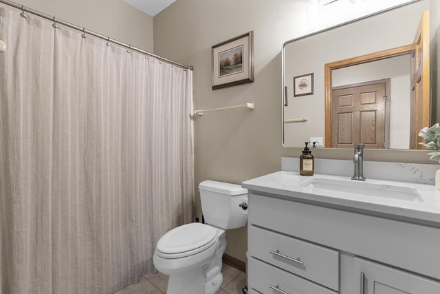 bathroom featuring walk in shower, vanity, toilet, and tile patterned flooring