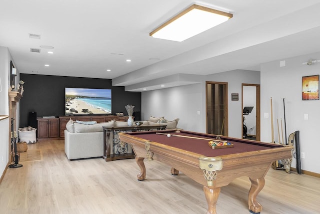 playroom with pool table and light wood-type flooring