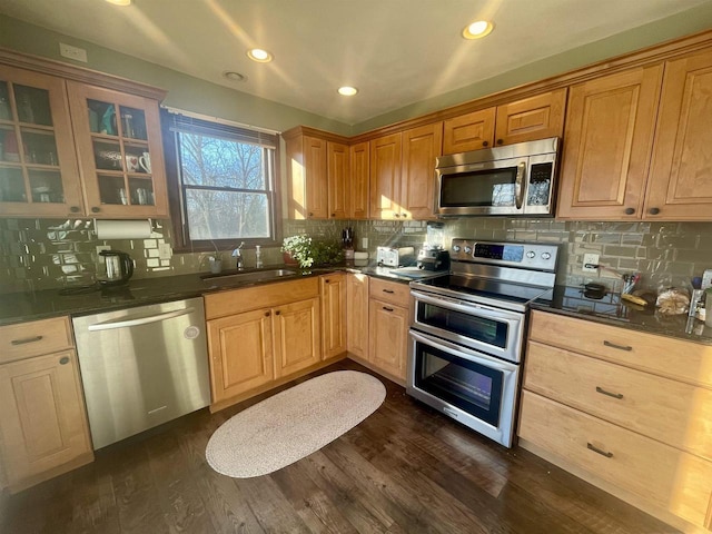 kitchen featuring stainless steel appliances, sink, dark hardwood / wood-style floors, and decorative backsplash