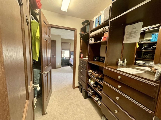 spacious closet featuring light colored carpet