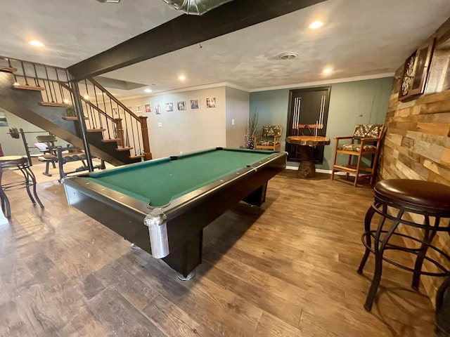 game room featuring beamed ceiling, crown molding, dark hardwood / wood-style floors, and billiards