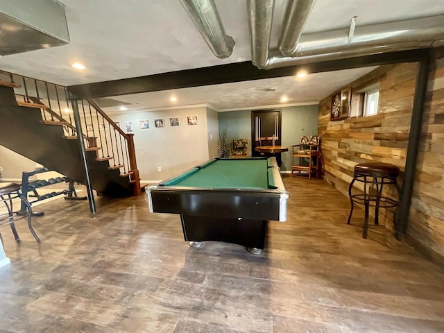 playroom featuring crown molding, pool table, and wooden walls