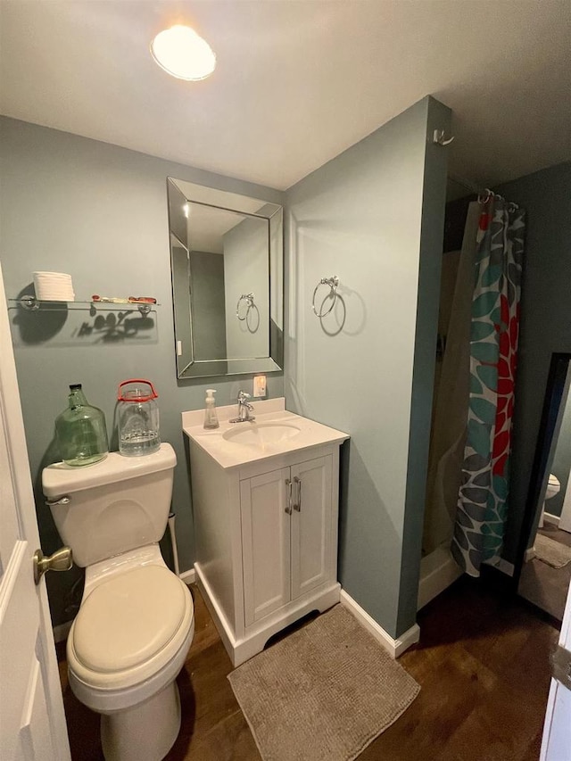 bathroom with vanity, wood-type flooring, toilet, and a shower with curtain