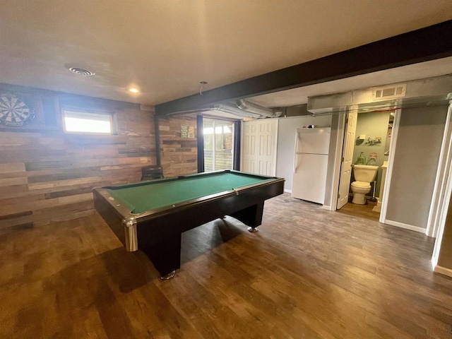 rec room with dark wood-type flooring, billiards, and beamed ceiling